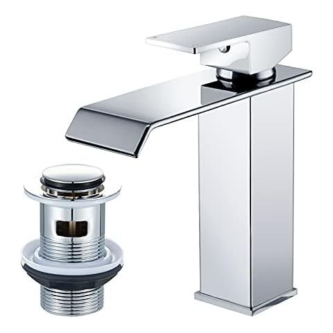 WasserRhythm Bathroom Basin Taps Waterfall Mixer Tap with Pop up Waste Moder Single Lever Chrome Sink Tap Cover
