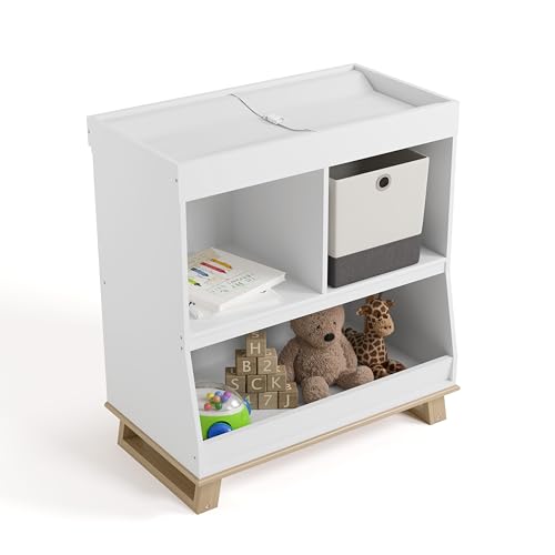 Image of Storkcraft Modern Nursery Changing Table Dresser (White with Driftwood) - GREENGUARD Gold Certified, Baby Dresser with Changing Table Top