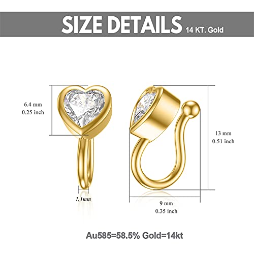 Mrenite Solid 14K Yellow Gold U Shape Fake Nose Rings Clip On Faux Cartilage Tragus Ring Cz Heart Simulated Diamond Adjustable Nose Cuff Non No Piercing Jewelry For Women #TOP4