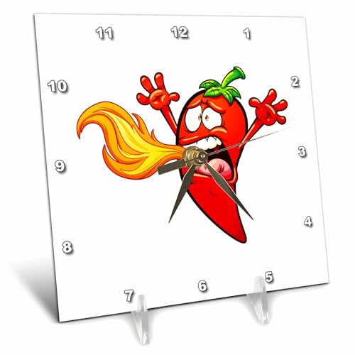 3dRose Funny Hot Pepper Chili Breathing fire, 6x6 Desk Clock, Clear