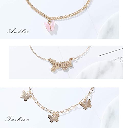 Dresbe Boho Layered Anklet Gold Butterfly Anklets Beach Crystal Ankle Bracelet Angel Pendant Foot Jewelry Chain For Women And Girls (3 Butterflies) #TOP6