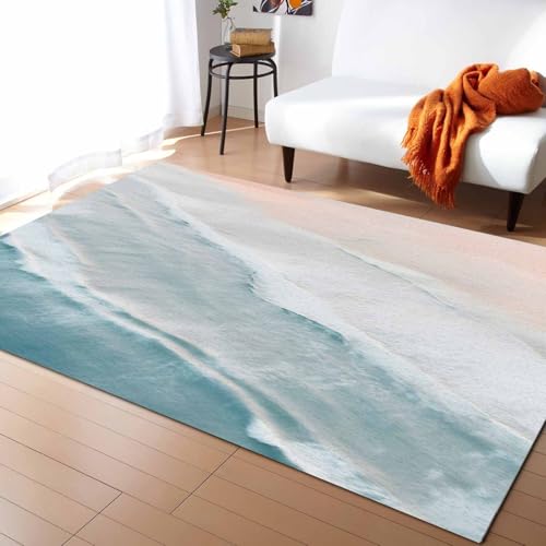 Summer Beach Area Rugs Indoor Non-Slip Washable Rug 2x3 Ft Blue Teal Sea Ocean Waves Coastal Seaside Rubber Backing Floor Mats Non Shedding Home Decor Carpet for Entryway Living Room