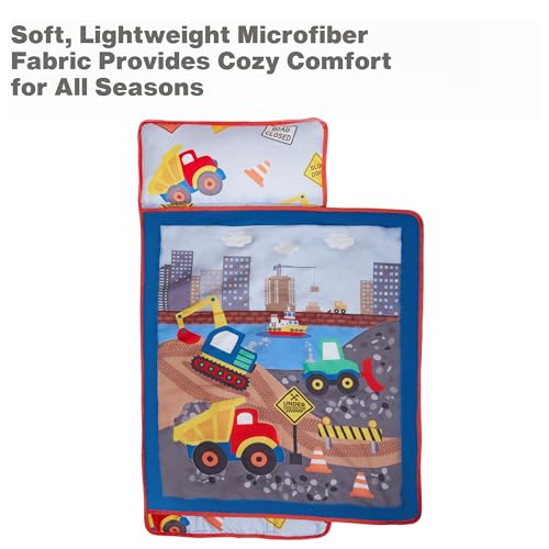 Image of EVERYDAY KIDS Toddler Nap Mat with Removable Pillow -Under Construction- Carry Handle with Fastening Straps Closure, Rollup Design, Soft Microfiber for Preschool, Daycare, Sleeping Bag -Ages 2-4 years