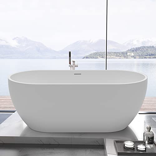 Image of 62 inch Acrylic Freestanding Bathtub, Double Ended Free Standing Tub, Soaking Tub with Integrated Slotted Overflow, Toe-Tap Chrome Drain, cUPC Certified, Glossy White