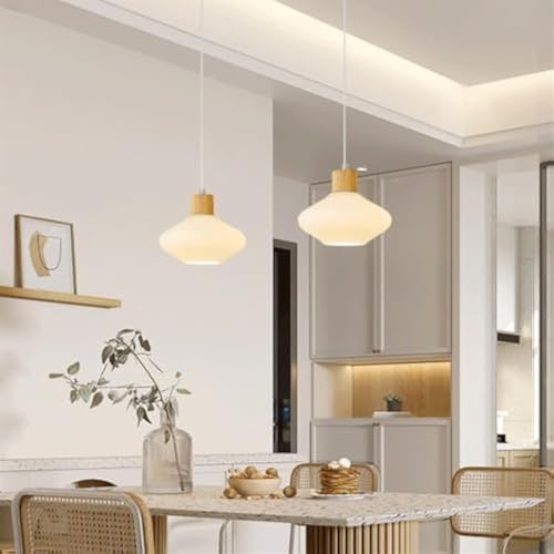Lámpara colgante de cristal de leche con cúpula de madera y cable ajustable E27 4