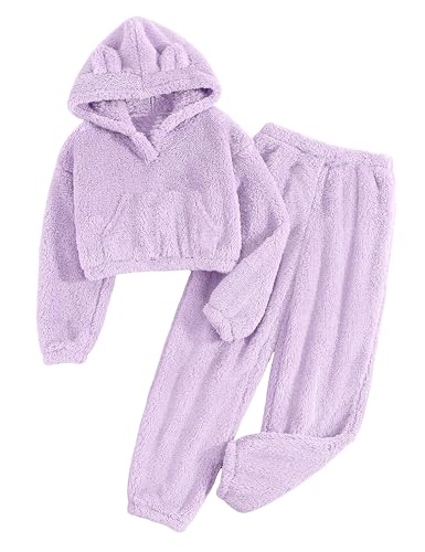 Image of Shallmu Girls Fuzzy Bear Ear Plaid Hoodie Pullover Sweatshirt with Pocket Sweatpants Fall Winter 2 Piece Outfits
