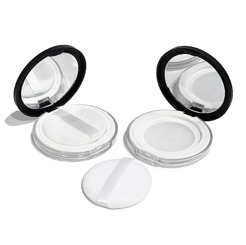 Feilguee 2 PCS Loose Powder Container with Puff 5g/0.7 oz Reusable Plastic Portable DIY Makeup Empty Powder Case with Mirror and Net Sifter for Women Girl Makeup Reusable (Black)