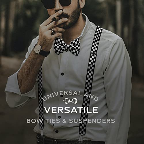 Man Of Men - Men's Black & White Checkered Bowtie & Suspender Set #TOP2