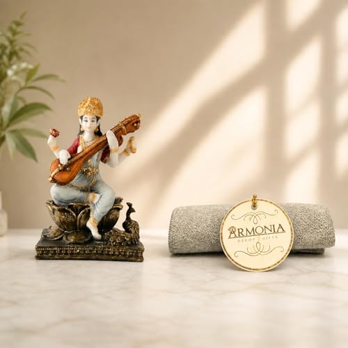 Image of ARMONIA Saraswati Devi Idol with Veena 7.8 Inch Home Decor |Polystone Figurine Marble Looks|Maa Saraswati Murti for Pooja,Mandir,Showpiece & Gifting Item|Best Religious Gift for Wedding & Housewarming