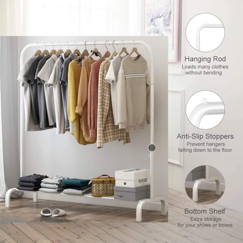 Image of Metal Multifunctional Heavy-Duty Quality Garment Stand Cloth Rack Freestanding Storage Organizer With Bottom Shelves Adjustable Single Pole Coat Hanger