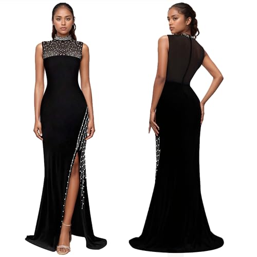 Image of Nagfar Women Sexy Elegant Rhinestone Beaded Mesh Patchwork Split Bodycon Long Dress Birthday Prom Club Night Outfits(SY1109-Black-M