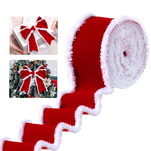 Cinta de Terciopelo Navideño 6 Yards x 6.3 cm Cintas Rojo Anchas para Envolver Regalos con Borde Blanca Decoración de áRbol de Navidad para Corona Lazo Decoración