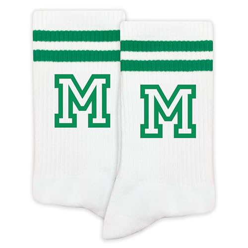 Letter Socks, Classic Striped Socks with the Letter ‘M’ in Green, Gifts for Women&Men, Him&Her, Boys&Girls, Friends, Classmates, Team Members, Graduation, Birthday Gifts, Back-to-school Season. (085)