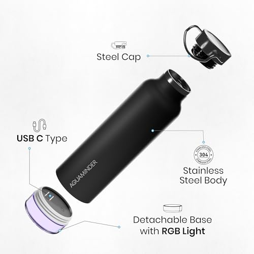 Image of Aquaminder Smart Water Bottle | RGB LED Glow & Timer Hydration Reminder with BT Mobile Phone Connection, Thames with App 600 ML (Black)