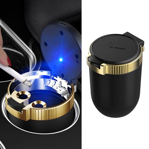 Image of Car Ashtray with lid Smell Proof, Smoke-free portable mini car trash can with LED Blue Light,Removable Stainless Steel Car Cup Holder Universal Car Interior Accessories(Gold), QBOONPT-YHG01