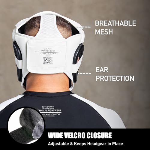 Elite Sports Best Boxing Headgear, Training Sparring Safety Head Guard for MMA, Kickboxing Trainees, Muay Thai, and Boxing for Adult Men (White)