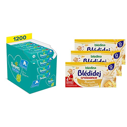Pampers Lingettes Bébé Fresh Clean, 1200 Lingettes, Sans AlcoolParfum Rafraîchissant, & Blédina Blédidej Croissance, Céréales bébé Lactées Vanille,...