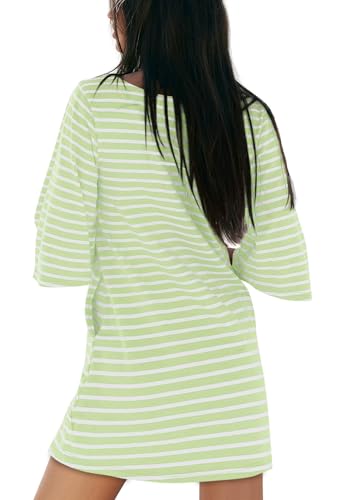 Image of Yousify Women's T Shirt Dress Cotton Summer Dresses 2026 Casual Loose Short Sleeve Striped Mini Dress with Pockets
