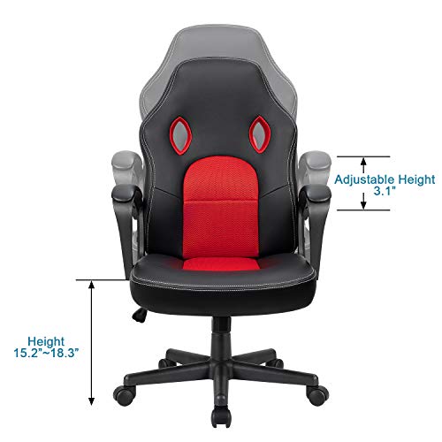 Image of Furmax Red Gaming Chair, Adjustable Swivel Desk Chair with Padded Armrests and Lumbar Support, Leather and Mesh Design