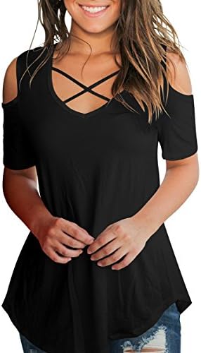 Women's Criss Cross Cold Shoulder V Neck Short Sleeve Summer T Shirts