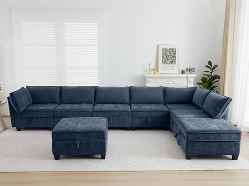 Image of ORRD Oversized Modular Sectional Sofa Set, Convertible U Shaped Couch with Storage, 8 Seater Sofa Modular with Ottomans and Reversible Chaise for Living Room, Office (Blue Grey)