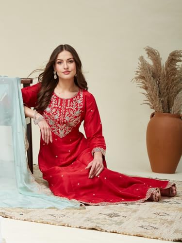 Image of MOKOSH Women's Silk Embroidered Anarkali Kurta And Pant With Dupatta Set