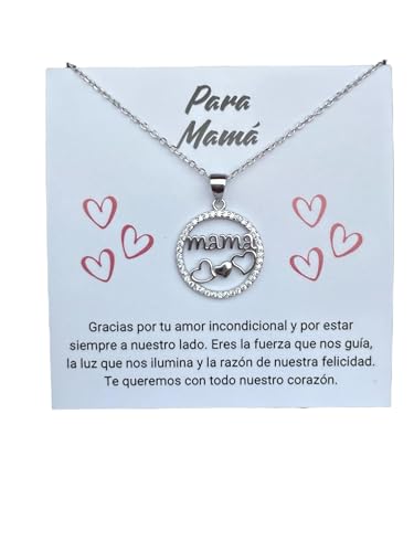 Collana in argento Sterling 925 per mamma, ciondolo rotondo con zirconi e motivo "mamma" con cuori, regalo speciale per la festa della mamma, con biglietto emotivo, scatola e sacchetto inclusi, 45,5cm