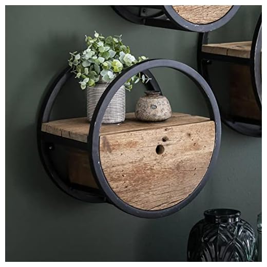 RINGO-Living Rundes Regal Metall & Massivholz mit Schublade, Hängende Kommode aus Hartholz & Metallumrandung, Wandregal Blumentopf Ablage mit Stauraum, Küchenregal Rund, Designer Wandregal Rund