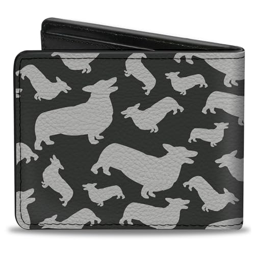Buckle-Down Men's Wallet, Bifold, Corgi Silhouette Poses Grays, Vegan Leather, 4.0" x 3.5"2