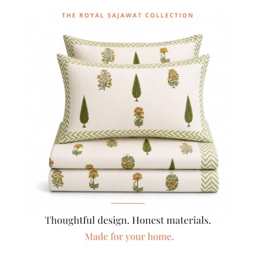 Image of Naksh Bedsheet for Double Bed King Size Minimal Botanical Print 2 Pillow Covers | Minimal Botanical Print in Bedsheet Double Bed | Fresh Contemporary King Bed Design | Royal Sajawat Collection |