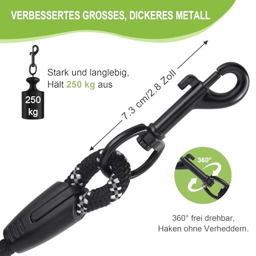 Reflektierend Schleppleine für Hunde, 5m Hundeleine mit Gepolsterten Griff und 2 Karabinerhaken,Starke Hundeleine Große Mittlere Hunde,5m 10m 20m Lang,Abschließbarer Karabiner (Schwarz, 5M X 9MM)