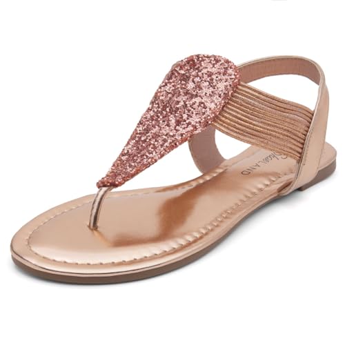 Image of Shoe Land Women's Flat Sandals - Fashion Thong & Gladiator Style with Elastic Strappy String Ankle Strap, Dressy Casual Comfortable Daily Wear, Trendy 2025