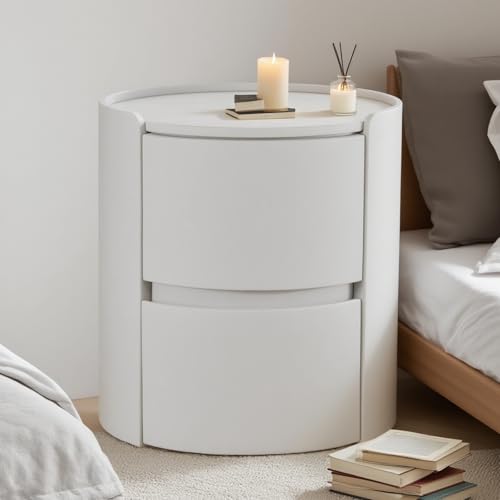 Generico Comodino rotondo moderno in legno massello con 2 cassetti, comodino con rivestimento in pelle, con vano contenitore, per camera da letto e soggiorno (Colore: Bianco, Dimensioni: 45x45x50 cm)