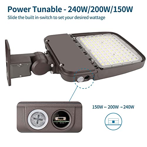 Xbuyee 240W Led Parking Lot Light With Dusk To Dawn Photocell, Dimmable Commercial Outdoor Shoebox Lights With Arm Mount, 130Lm/W 5000K 100-277V Ip65, Power Selectable (150W/200W/240W) Etl Listed #TOP1