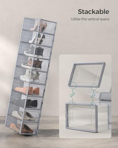 SONGMICS Shoe Boxes, Pack of 18 Stackable Shoe Storage Organisers, Foldable and Versatile for Sneakers, Fit up to UK Size 9.5, Transparent and Grey LSP006G18