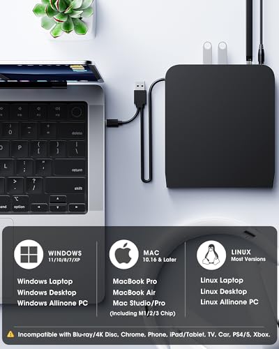 Image of ROOFULL Pro External CD /DVD Drive, USB 3.0 DVD CD Burner with Ethernet Adapter, USB Hub and SD /TF Card Ports, CD DVD Reader Writer Player Optical Disc Drive for Laptop MacBook PC Windows Linux Mac
