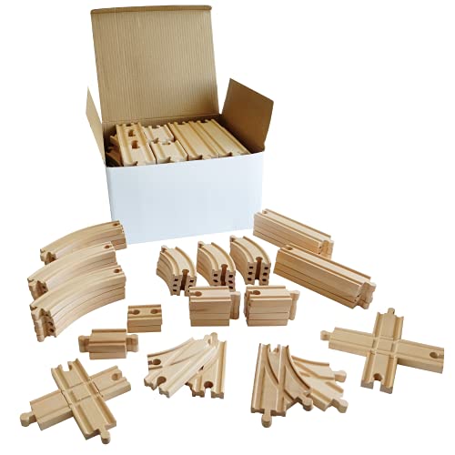 Tiny Conductors Wooden Train Set - 52-Piece Train Track Collection Compatible w/ Thomas The Train & Other Major Railroad Toy Brands, Wooden Toys for Girls & Boys