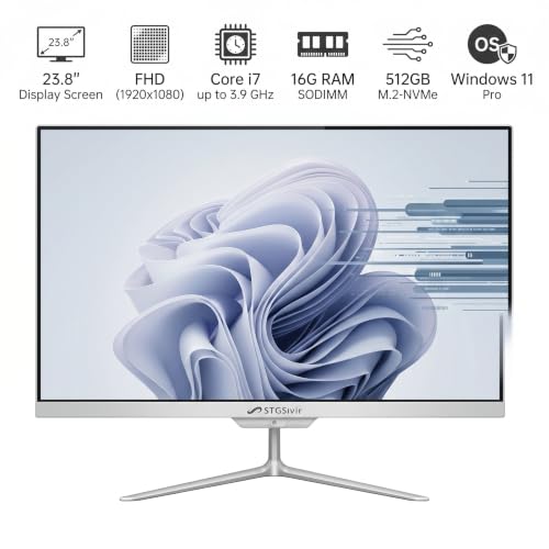 Image of STGSivir All in One Desktop Computer, 23.8 inch FHD Display, Intel Core i7 up to 3.9G, 16GB RAM, 512GB SSD, WiFi 5, BT, RGB Keyboard & Mouse, Webcam, Windows 11 Home,White