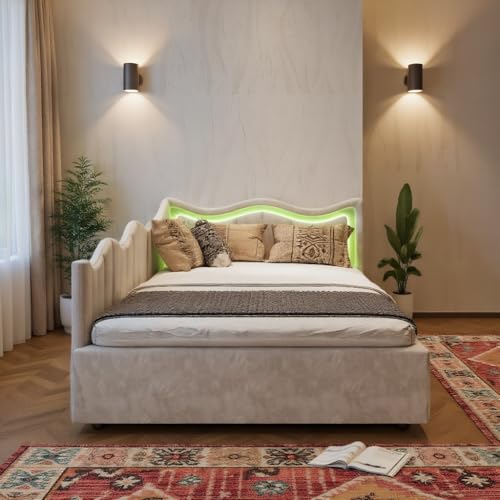 Cama infantil 90 x 200 cm con iluminación LED, Cama individual hidráulico con somier de láminas, Cama infantil tapizada, Sofá camas 90x200 cm, terciopelo, hueso, sin colchón (hueso, 90 x 200 cm)
