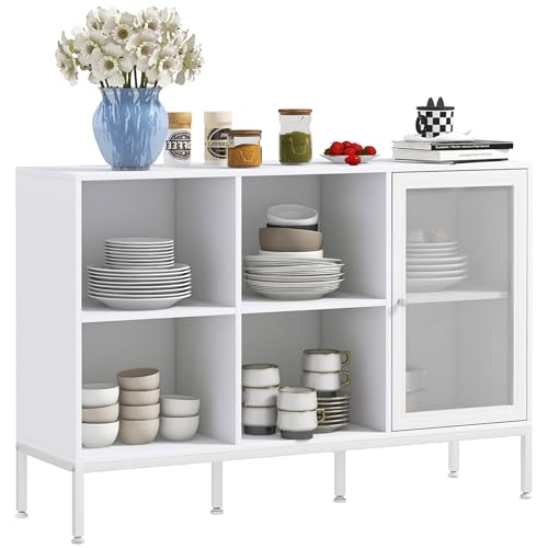 HOMCOM Aparador de Cocina Mueble Aparador con Puerta de Malla 4 Compartimentos Abiertos y Estante Ajustable Mueble de Cocina Moderno Bueffet para Salón Comedor 120x37x81,5 cm Blanco