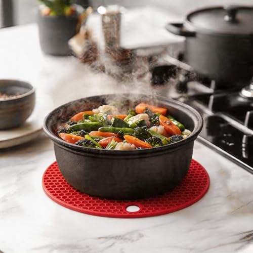 Image of Silicone Trivet Mats,Heat Resistant Pot Holders, Multipurpose Non-Slip Hot Pads for Kitchen Potholders, Hot Dishers, Jar Opener, Spoon Holder, Food Grade Silicone(red Size Round 7''x7'')