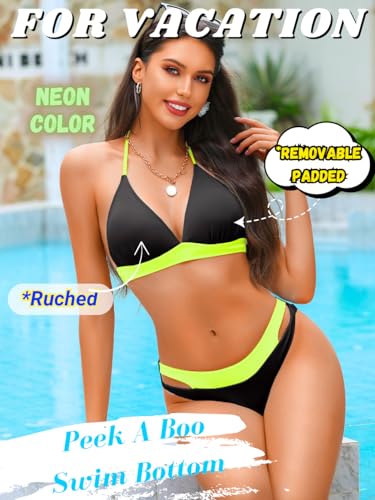 Women Sexy Ribbed Color Block Bikini Sets, Halter Triangle Two Piece Swimsuit, Cut Out Low Rise Cheeky Bathing Suit4