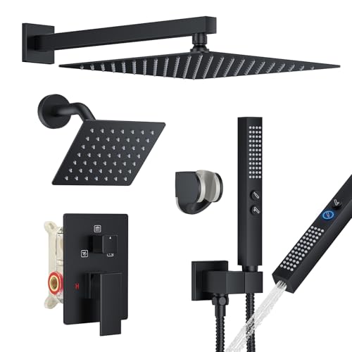 FAROLAN Rain Shower System Matte Black Shower Faucet Set, Dual Rainfall Shower Head Set with 2 in 1 Handheld Spray, Wall Mounted Bathroom 12-inch & 6-inch Square Showerheads with Valve, Matte Black