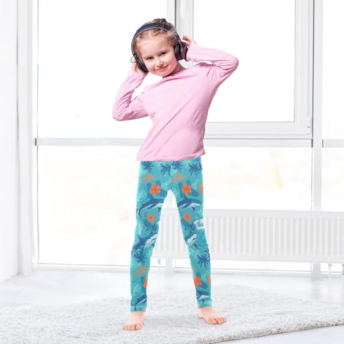 ALAZA Girls' Leggings Children's Yoga Pants Skinny Printed Dance Shark Flower Blue Comfortable 4T3