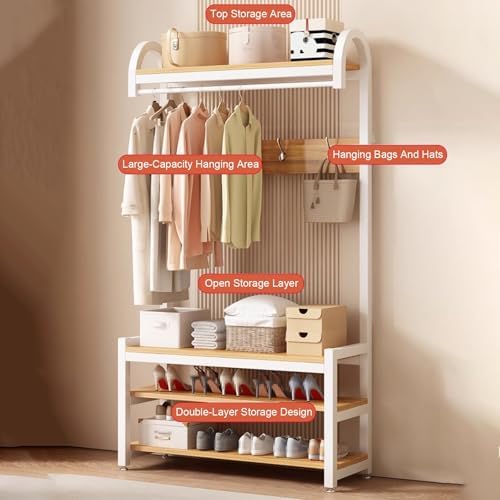 Freestanding Entryway Hall Tree with Coat Rack, Shoe Bench, 2 Hooks & 3 Tier Storage Shelf, Perfect for Dorms & Apartments