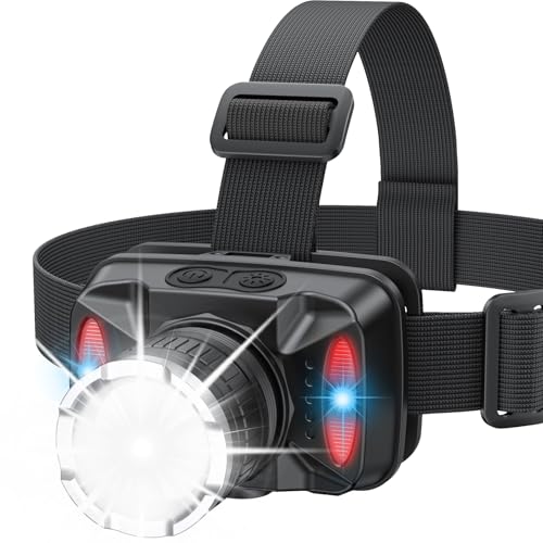 Rechargeable LED Headlamp, 6 Light Modes with Red & Blue Strobe, Zoomable Beam, 90° Adjustable Waterproof Headlamp for Camping, Hiking, Fishing, Outdoor Work