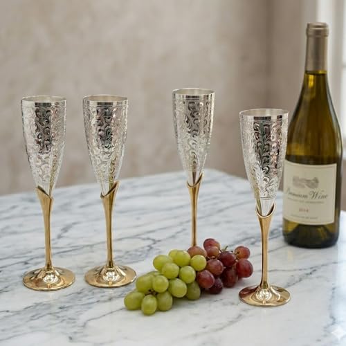 Image of DSH CRAFTING YOUR CURIOSITY Silver Plated Wine Glass Set of 4 Champagne Glass Flute Design | Goblet Glass Best For Parties, 200 ML