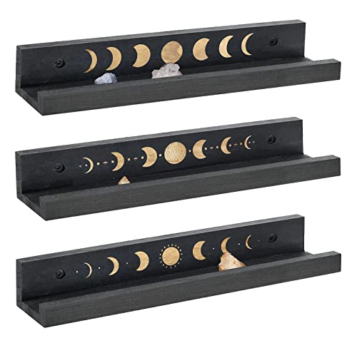 Set Of 3 Crystal Shelf Display Rustic Wooden Moon Shelf, Floating Shelves For Crystals And Vinyl Record Storage, Display Shelves For Living Room, Bedroom, Dorm Room (Black) #TOP26