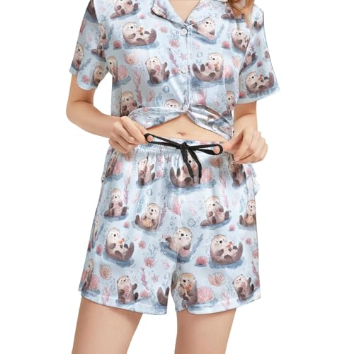 Image of Silk Satin Pajama Set for Women Summer Lounge Pjs Sets 2 Piece Suit Ladies Button Down Tops And Shorts Sleepwear