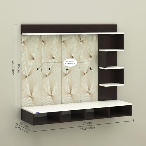 Image of Laura Engineered Wood Wall-Mount TV Unit with Printed PVC Back Panel & LED Lights | TV Cabinet with Storage Box & Decorative Shelves (Wenge /White) for TVs up to 43 Inch | DIY Installation